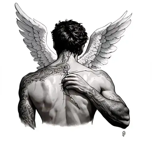 A Male Angel Suturing A Scar On The Back Of His Neck