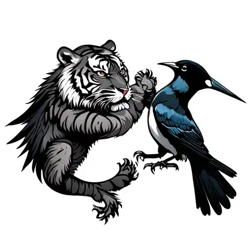 Tiger Fighting A Magpie