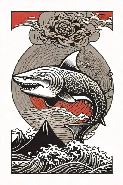 Japanese Styled Shark In Front Of A Red Sun And Some Black Kanjis