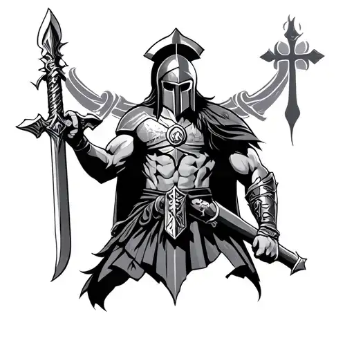 Spartan Warrior With Cross Surrounded