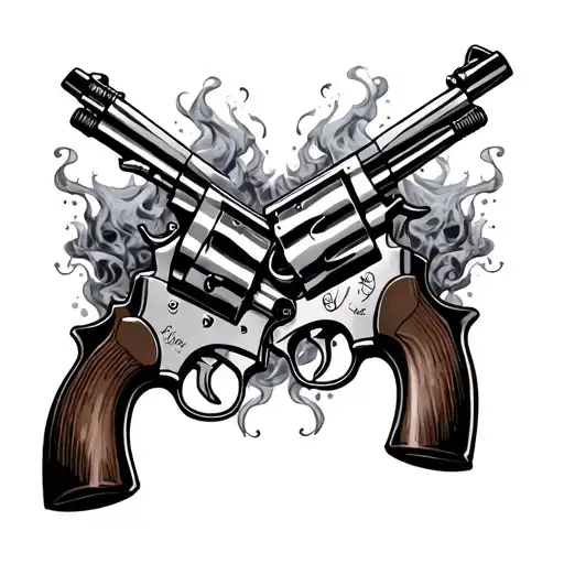 Two Revolvers Crossing With Skull And Smoke Around Them