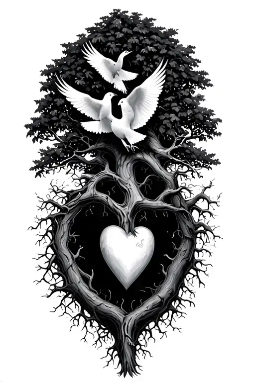 Tree With Doves And Heart Roots Reaching Deep