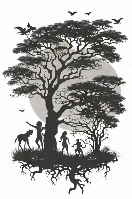 African Tree Silhouette With Princeses Playing Games