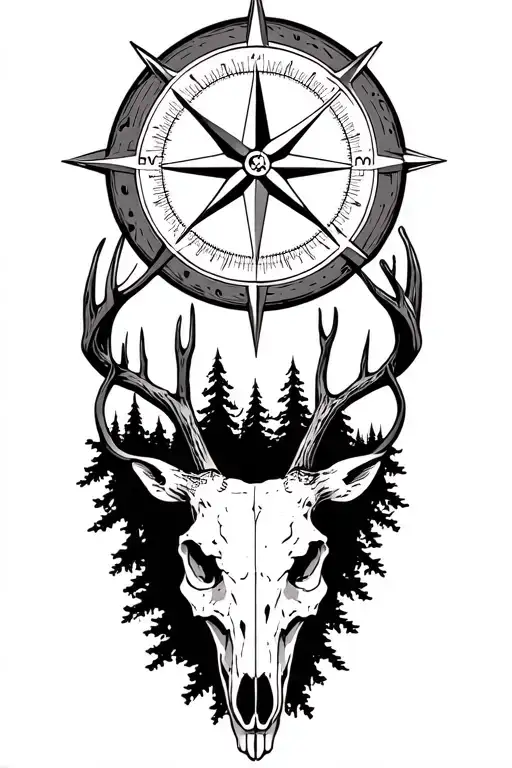 Detailed Compass Rose Surrounded By Deer Skull And Forest