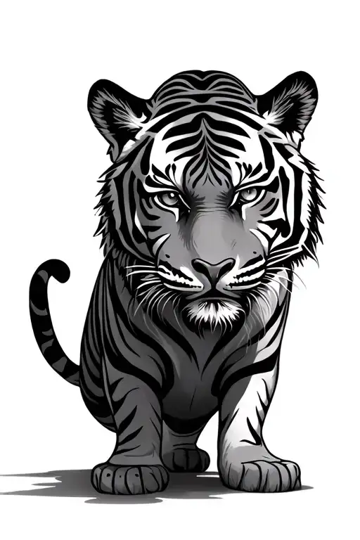 Crouching Tiger With Eyes Like On Black Stripes Of The Tiger