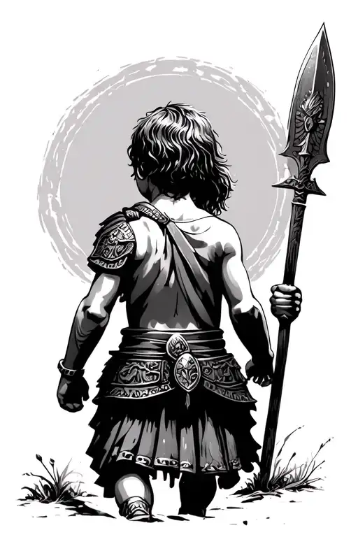 Child Warrior Roman Style Of Back That Walks Towards His Daddy