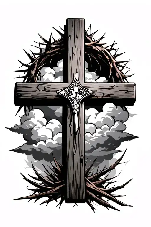 Wooden Cross With Crown Of Thorns And Clouds Above The Cross