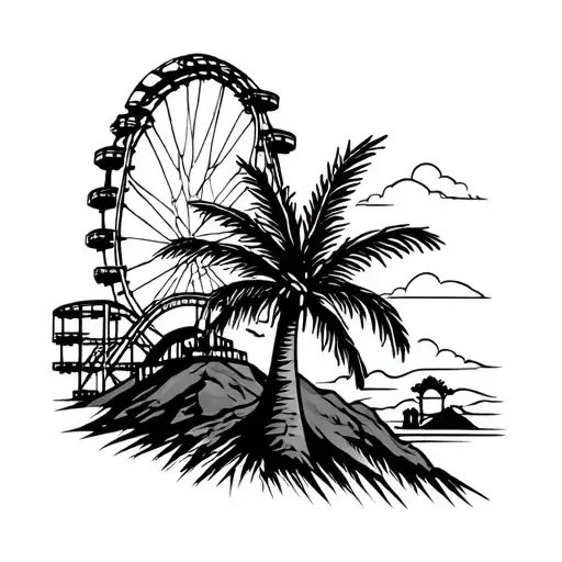 Palm Tree In Front Of Roller Coaster Hill With Sunset