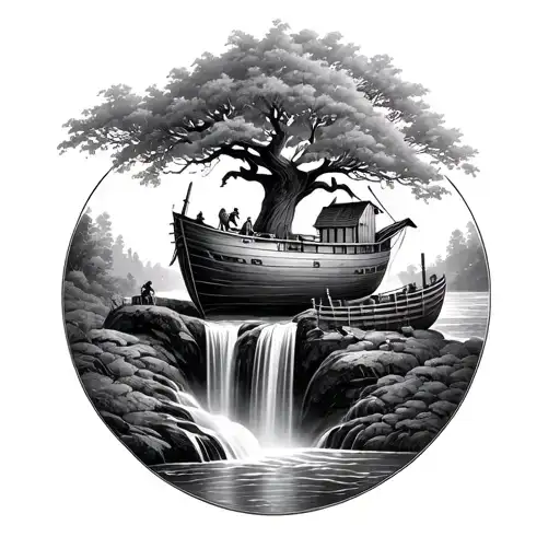 Noah's Ark Which Descends A Waterfall Which Floods The Garden Of Eden With The Apple Tree