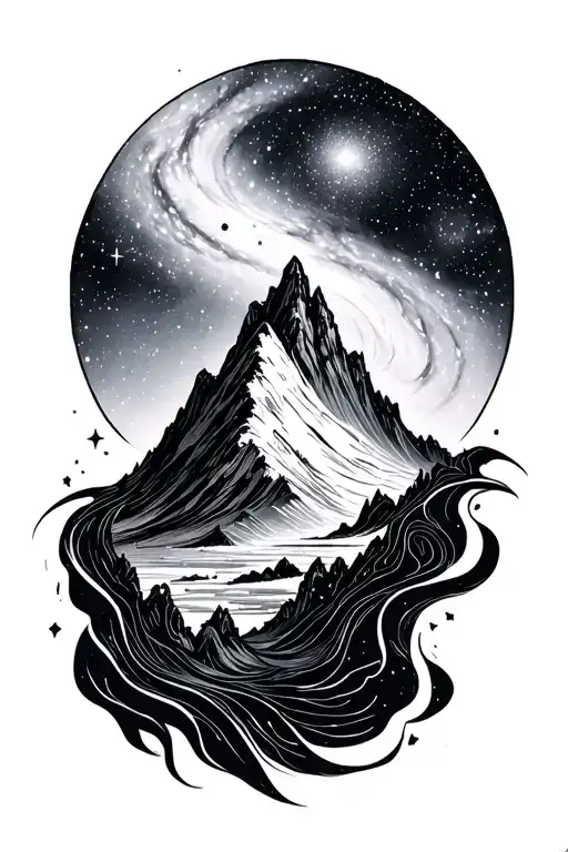 The Mountain Where She Sleeps Surrounded By A Galaxy And Stars With Abstract Lines And Curves