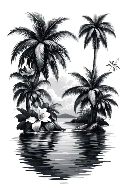 Palm Trees Water And Flowers