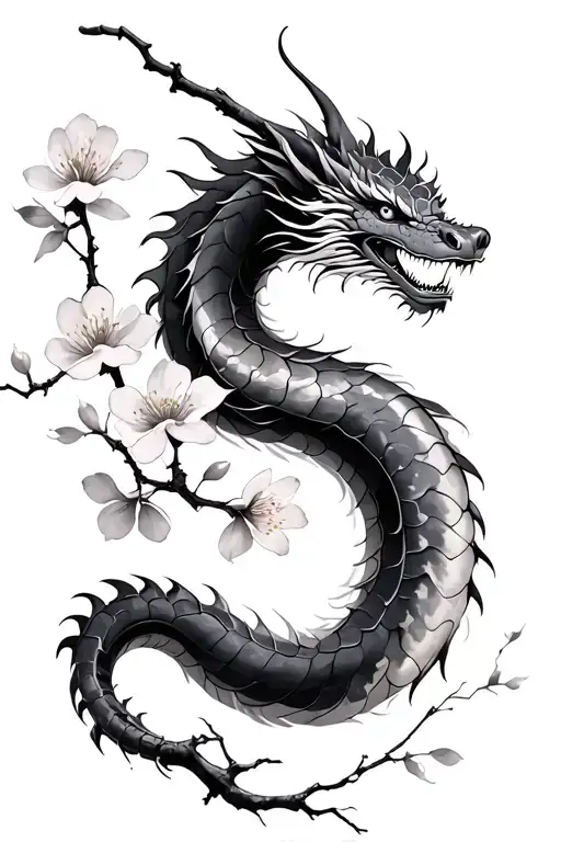Cherry Blossom Branch With Water Paint Japanese Dragon
