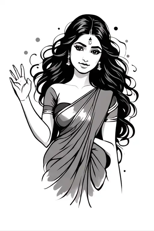 South Asian Woman With Long Black Hair Wearing Sari Modern With Two Fingers Up