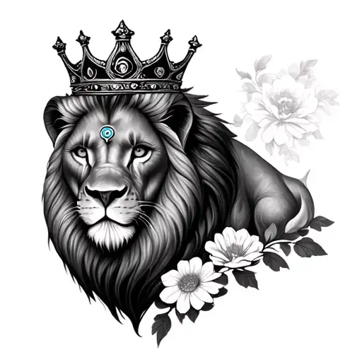 Realistic Lion Wearing A Crown With A Third Eye And Flower Base