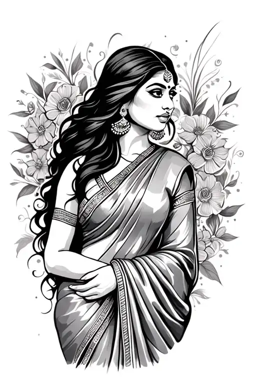 South Asian Woman With Long Black Hair Wearing Sari Modern