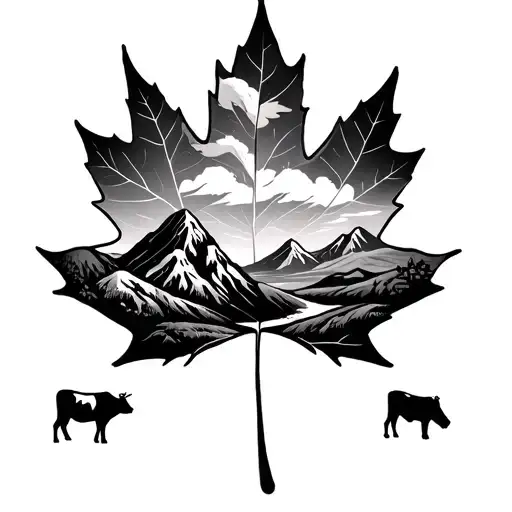 Maple Leaf With Cows And Mountains Inside