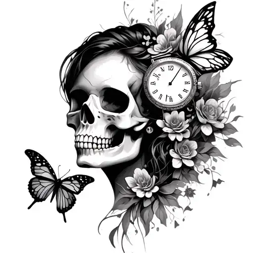 Woman Face Skull And Watch And Butterfly