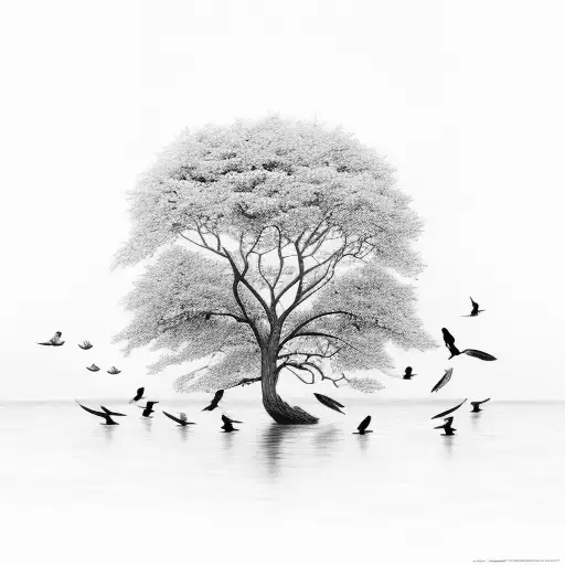 Tree By Water With Birds And Flowers