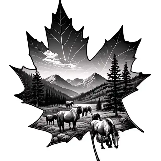 Maple Leaf With Cows And Horses Grazing And Mountains Inside