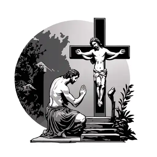A Chapel With A Big Cross With Jesus Praying Over A Man Kneeling