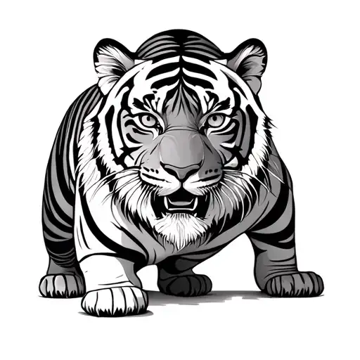 Crouching Tiger With Eyes Like On Black Stripes Of The Tiger