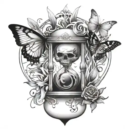 Hourglass With Skull With Spider Lily With Butterfly