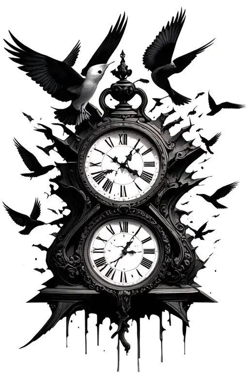 Broken Clock With Birds Flying Away