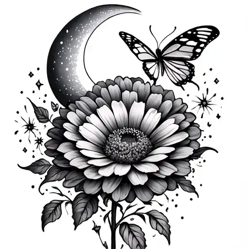 Marigold Flower With A Butterfly And Moon With Sparkles Around Tattoo