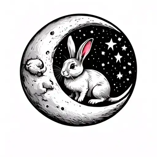 Rabbit Sitting On The Moon Surrounded By Stars Tattoo