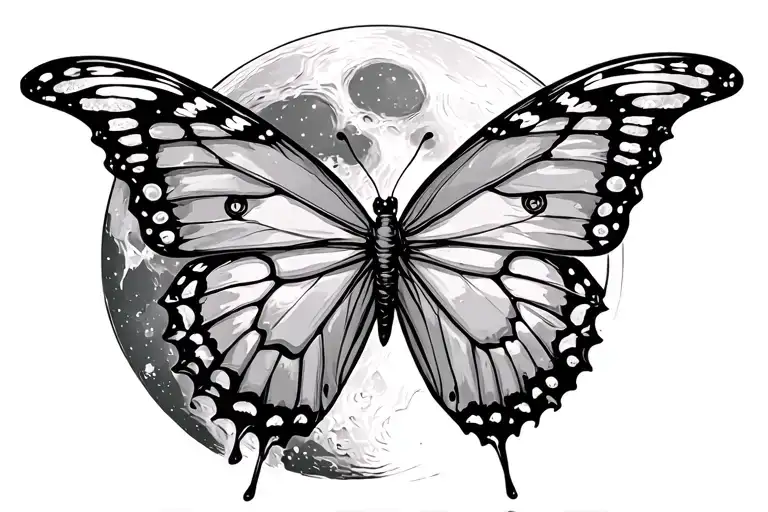 Butterfly Flying In Front Of The Moon With Celestial Elements Tattoo