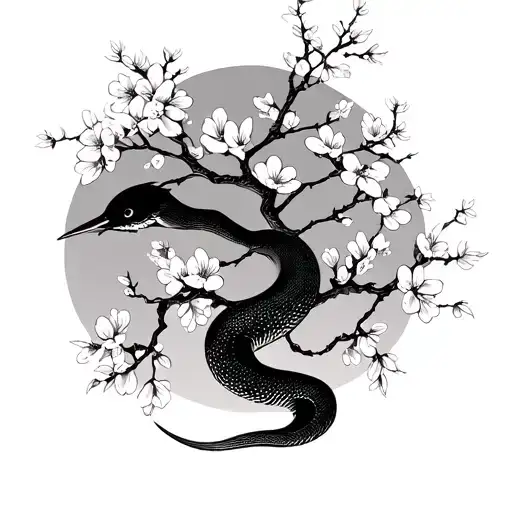 Snake Bird Cherry Blossom Tree