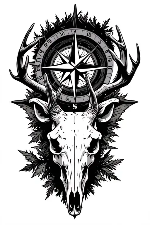 Woods And Compass With Deer Skull