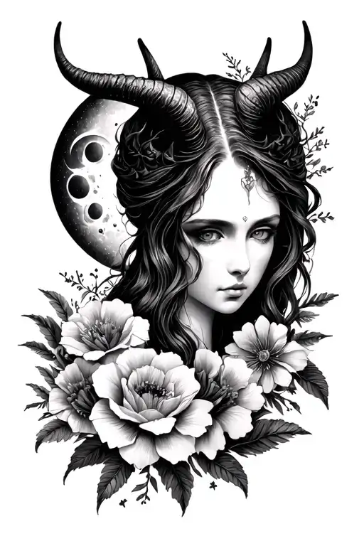 Horned Woman Face Surrounded By Flowers And Moon Phase Tattoo