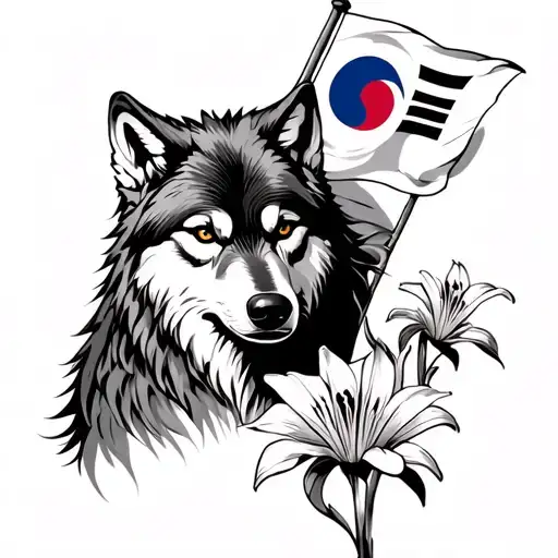 Wolf With A Big Korean Flag Waving And A Lily Flower Blooming