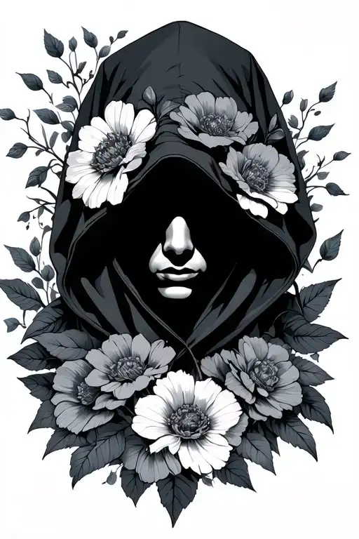 Faceless Hooded Figure With A Hood Of Flowers Intertwined