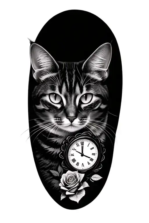 A Cat With Flowers And A Clock And Rose