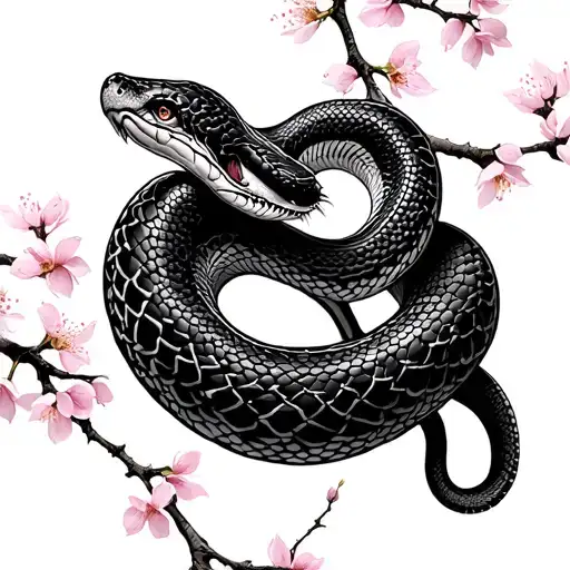 Snake Climbing On A Cherry Tree In Bloom
