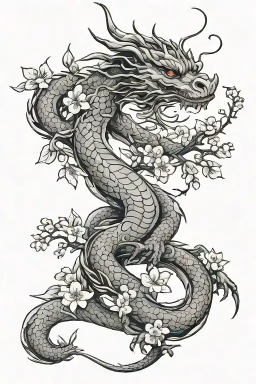 Female Long Dragon With Cherry Blossoms And Branches