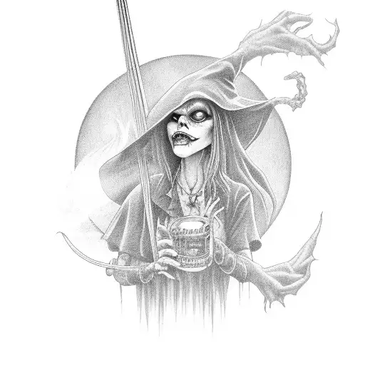 A Creepy Witch Casting A Spell With Bass Guitar Strings