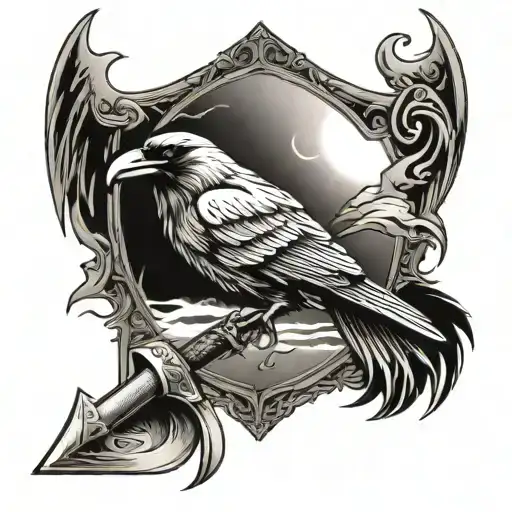Raven Flying Viking Axe In Background
