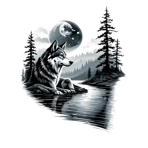 Wolf With Moon And Trees And River Flowing