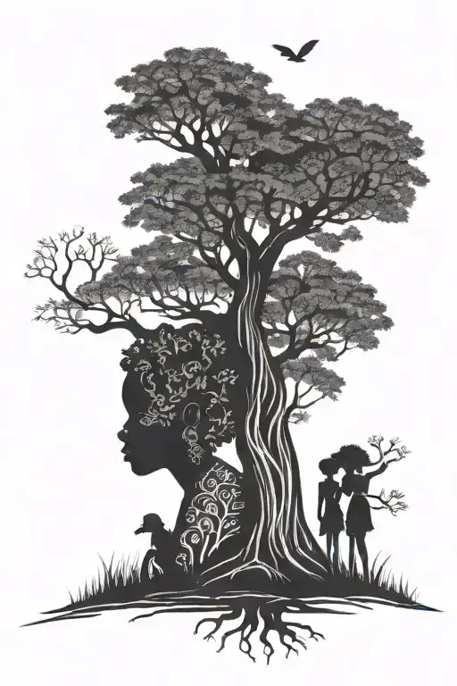African Tree Silhouette With Little Girls Playing