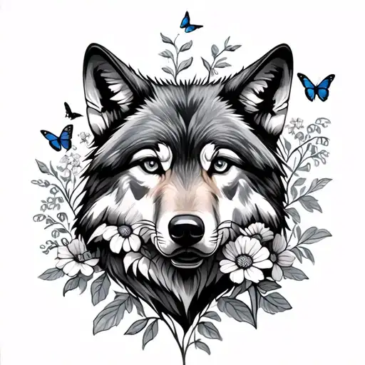 Wolf Head With Wildflowers And Butterflies Flying