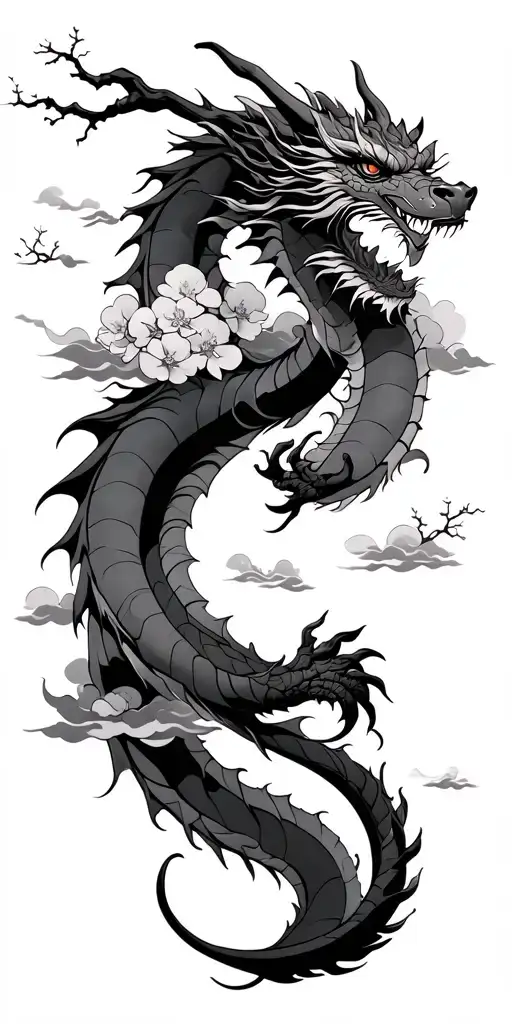 Dragon That Wraps Around The Arm With Clouds And Cherry Blossom Tree