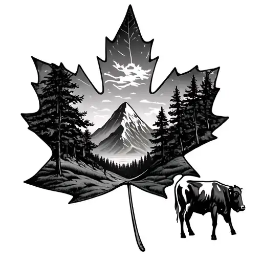 Maple Leaf With Cows And Mountains Filled With Trees
