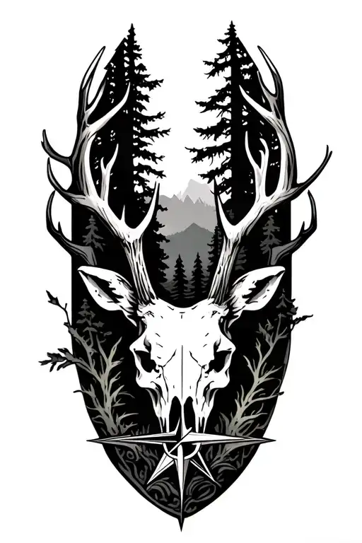 Forest Landscape Surrounded By Deer Skull With Compass