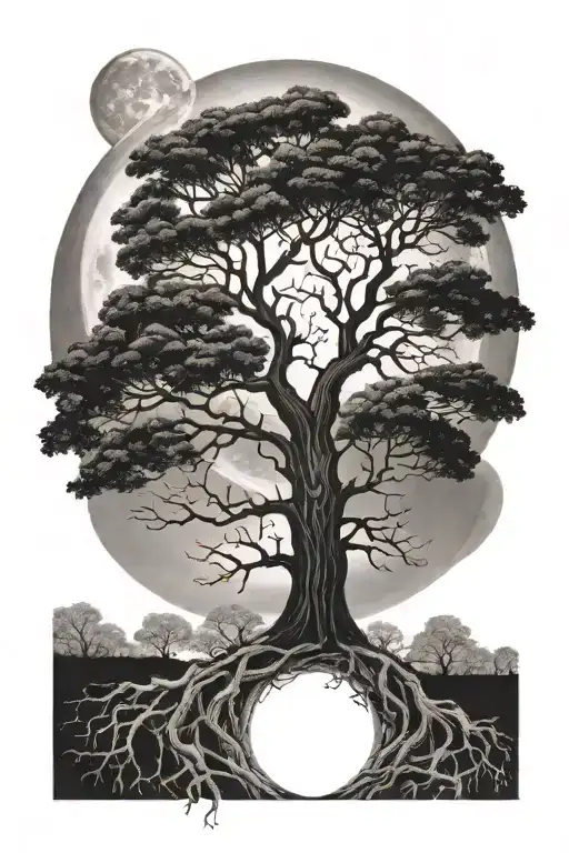 Phases Of The Moon Above An Oak Tree With Roots Reaching Deep Tattoo