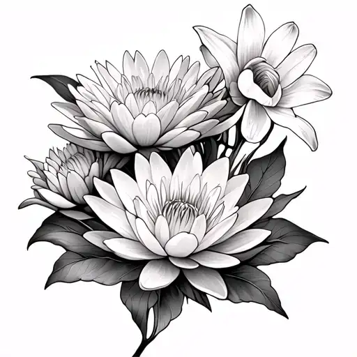 Water Lily And Chrysanthemum And Daffodil Flowers Intertwined
