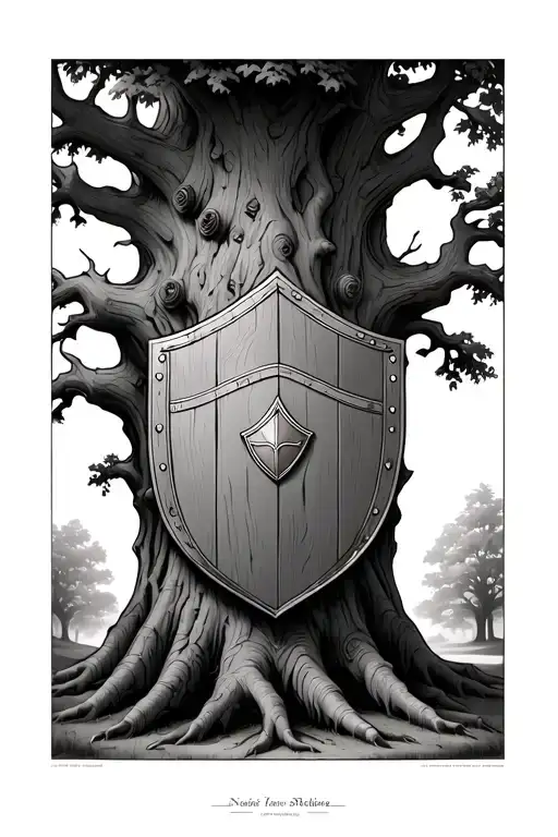 Large Oak Tree With Small Wooden Shield Embedded In The Middle Of The Trunk