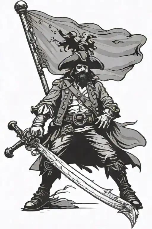 Fat Pirate Captain Silhouette Holding A Flag With Eagle Head In One Hand And A Cutlass In The Other
